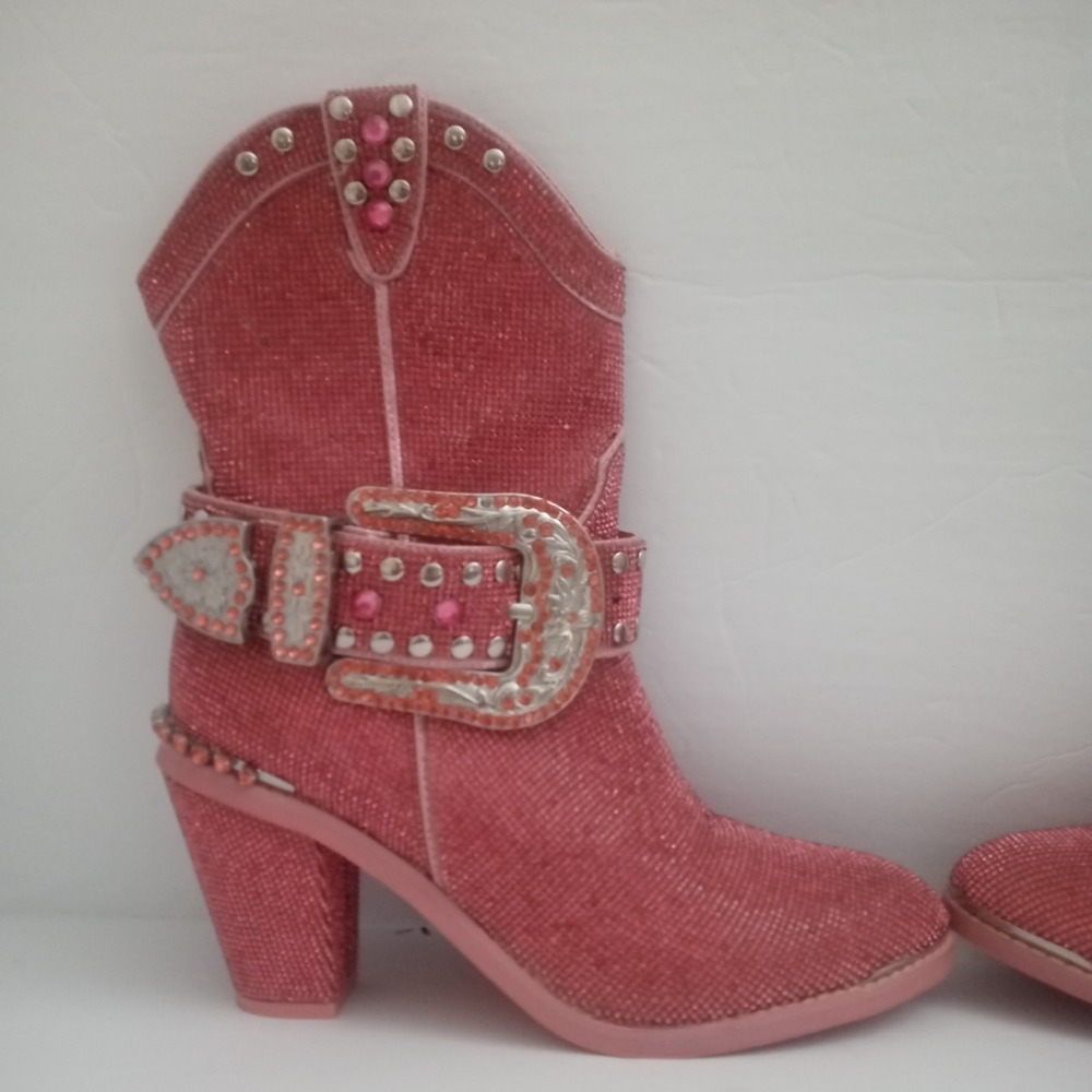 Dolls Kill sz 10M Pink Sharp Sheriff Shine Cowboy Boots ankle bootie Rhinestones - Picture 6 of 13